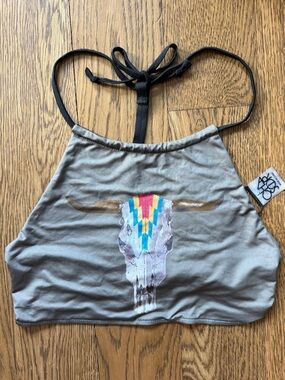 Chaser Swim Gray Strappy Halter Swim/Crop Top with Western Skull Print. L NWT